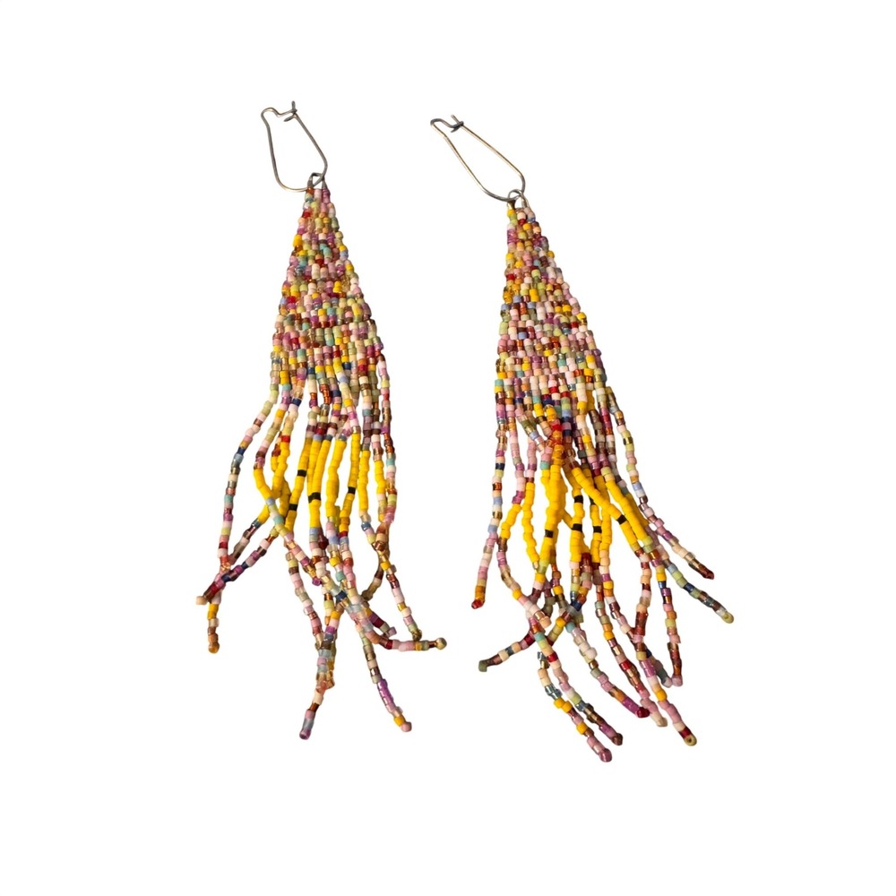 Handmade Seed Bead Fringe Tassel Earrings Multicolor Boho Southwestern Long
